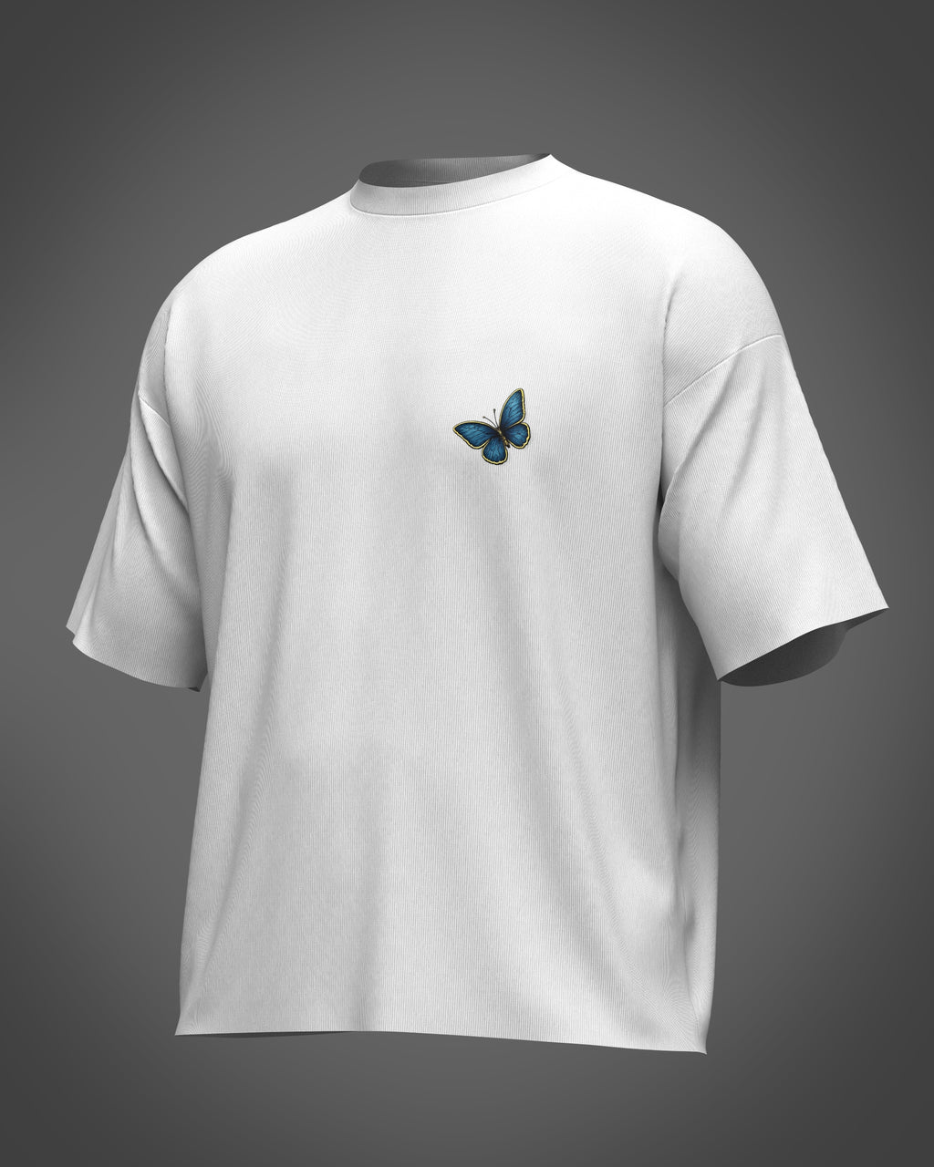 White t-shirt with blue butterfly design 