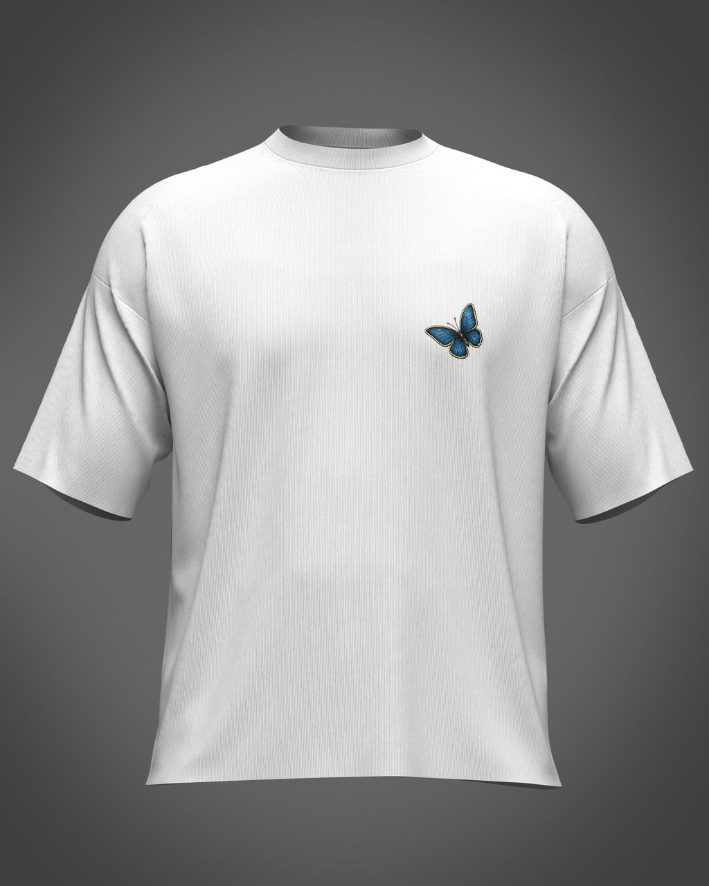 White t-shirt with blue butterfly design 