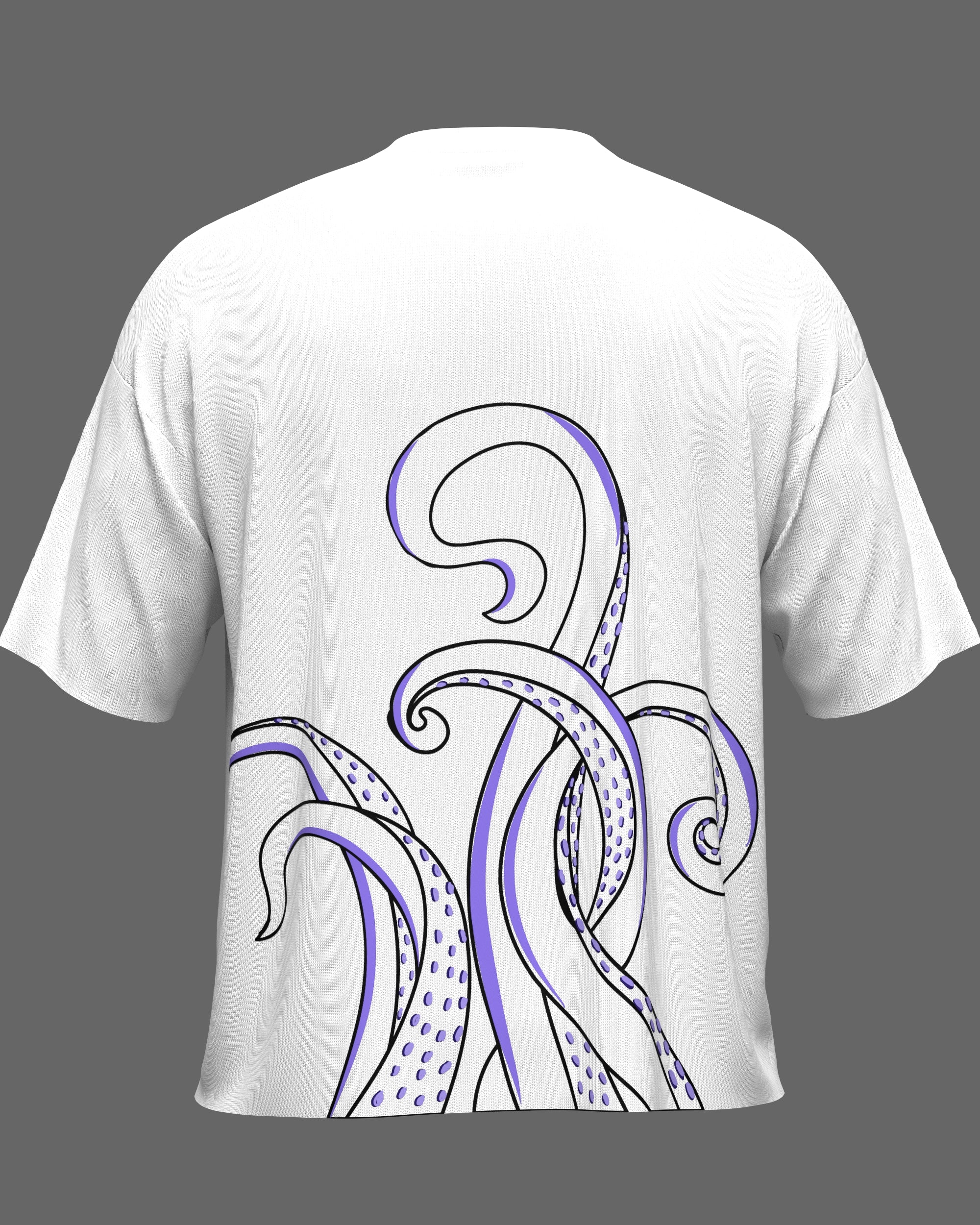 White t-shirt with a blue octopus design